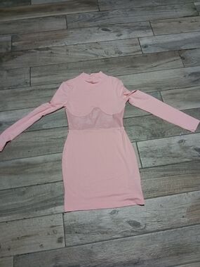 Women's Pink Long-Sleeve Mini Dress with Sheer Panel
